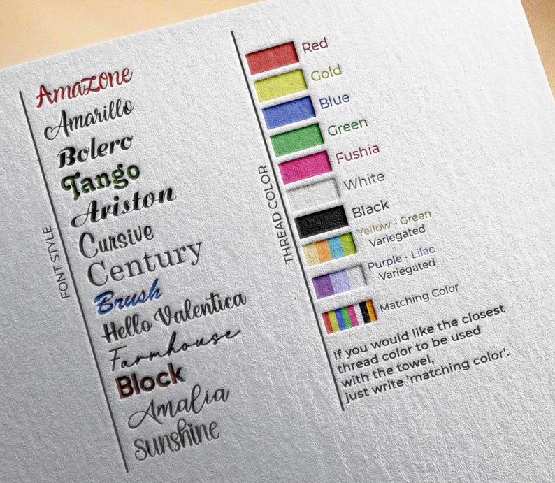 Customization options for Turkish Beach Towels showing font styles and thread colors. Font styles include Brush, Block, Century, Cursive, Freehand, Tango, Times New Roman, Eldorado, and Ariston. Thread colors include Red, Gold, Blue, Green, and more.