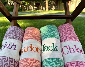 Bachelorette Party Towels with Name & Logo, Custom Bridesmaid Gift, Personalized Turkish Beach Towel Favor for Bridal Party