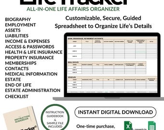 Life Affairs Organizer: Digital Excel Spreadsheet | Financial, Medical, Estate, End of Life & More | PDF Guidebook