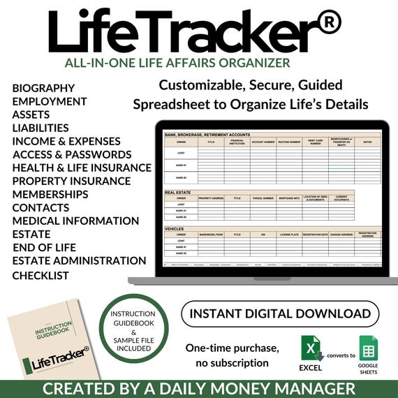 Life Affairs Organizer: Digital Excel Spreadsheet | Financial, Medical, Estate, End of Life & More | PDF Guidebook