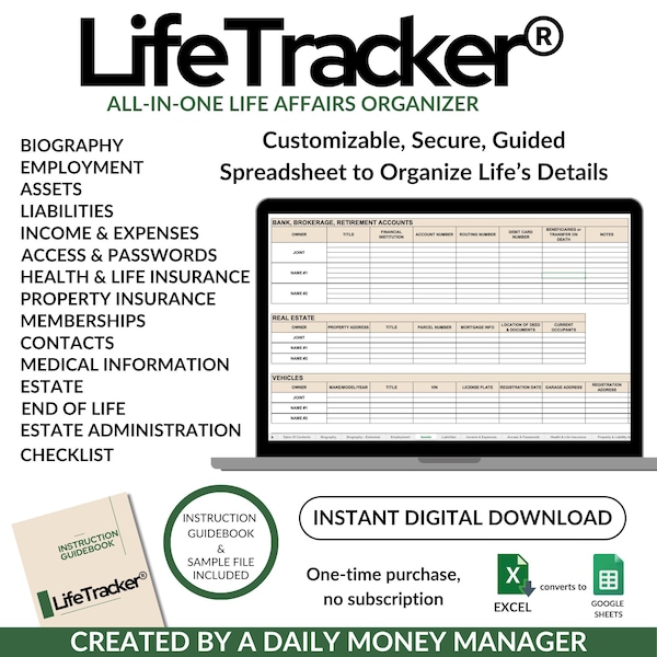 Life Matter Organizer: Digitale Tabelle | Finanzieren, Medizinisch, Nachlass, Lebensende & Mehr | Herunterladbare Excel-Vorlage | PDF Ratgeber