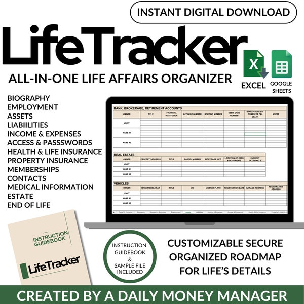 Life Binder, All in One Life Affairs Life Tracker, Guide for End-of-Life Planning, Financial Digital Workbook, Personal Document Organizer