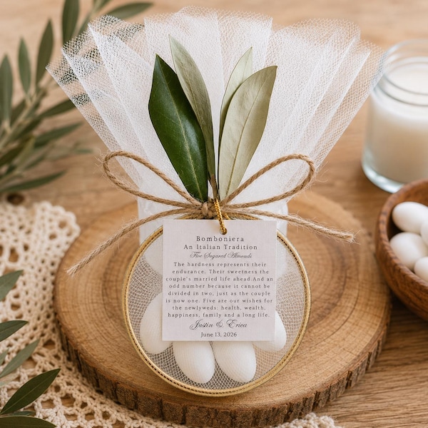 Personalized Wedding Almond Candy Favors For Guests, An Italian Wedding Tradition Five Sugared Almond Candy Favor, Wedding Almond Candy Gift