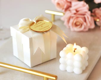 Personalized Wedding Favor Bubble Candle, Elegant Ribbon Box