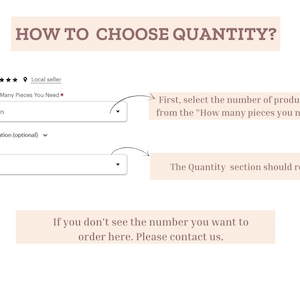 Pu&ograve; includere: Un grafico illustrativo intitolato HOW TO CHOOSE QUANTITY? che mostra due menu a tendina. Il primo menu &egrave; etichettato come Please Choose How Many Pieces You Need e il secondo come Quantity, che deve rimanere su 1. Include istruzioni di contatto.