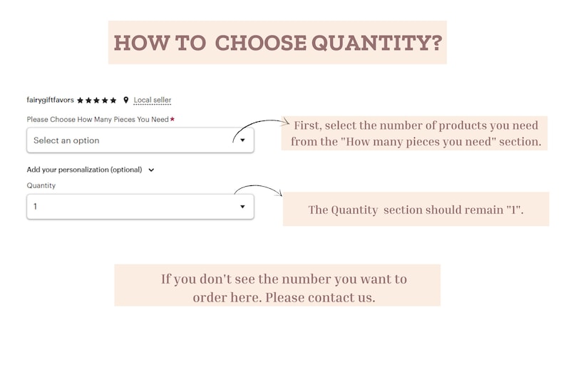 Pu&ograve; includere: Un grafico illustrativo intitolato HOW TO CHOOSE QUANTITY? che mostra due menu a tendina. Il primo menu &egrave; etichettato come Please Choose How Many Pieces You Need e il secondo come Quantity, che deve rimanere su 1. Include istruzioni di contatto.