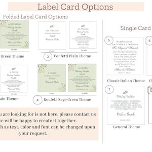 May include: A collection of wedding label card options featuring folded and single card designs. The cards display various themes including Confetti Sage Green, Confetti Plain, Koufeta Plain, Koufeta Sage Green, Classic Italian, Classic Greek, and General.