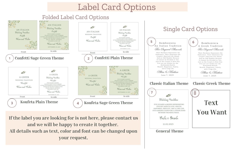 May include: A collection of wedding label card options featuring folded and single card designs. The cards display various themes including Confetti Sage Green, Confetti Plain, Koufeta Plain, Koufeta Sage Green, Classic Italian, Classic Greek, and General.