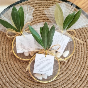 May include: Three circular gold-toned metal hoops decorated with white tulle, green olive leaves, and white almond candies. Each hoop features a square white tag with black text reading Bomboniera An Italian Tradition, Justin & Erica, June 13, 2026.