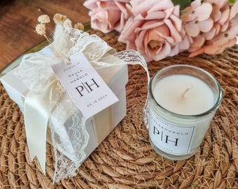 Gepersonaliseerde kaars huwelijksbedankje, elegante glazen pot, bloemendoos