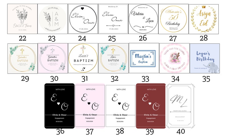 Pu&ograve; includere: Una collezione di etichette quadrate e rettangolari con vari design personalizzati per matrimoni, compleanni e battesimi. Le etichette includono grafiche floreali, croci e animali, insieme a nomi, date e titoli di eventi in diversi caratteri.