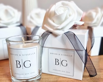 Gepersonaliseerde kaars huwelijksbedankje, glazen pot, elegante geschenkdoos