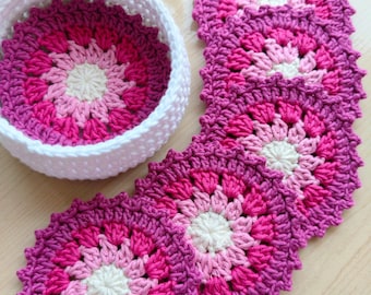Crochet Coasters Set of 6: Multicolor Cotton Drink Coasters with Holder