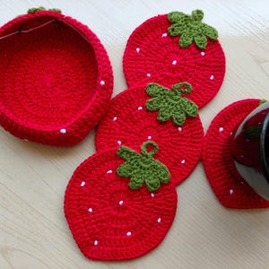 Strawberry Crochet Coasters with Holder | Cute Handmade Coaster Set | Kitchen and Dining Gift.