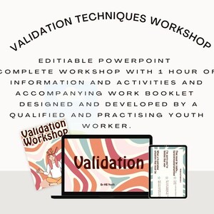 May include: Editable PowerPoint presentation with a colourful cover featuring the text "Validation" and a graphic of a person meditating. The presentation includes a workshop with one hour of information and activities, an accompanying workbook, and is designed and developed by a qualified and practicing youth worker.
