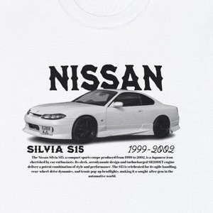 May include: A white Nissan Silvia S15 sports car with black wheels and a black number plate. The car is on a white background with the text "NISSAN", "SILVIA S15", and "1999-2002" in black. The text below the car describes the car's features and history.