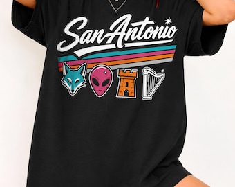 Camiseta retro de San Antonio, camiseta gráfica Fox Alien Castle Harper, regalo de baloncesto para aficionados.