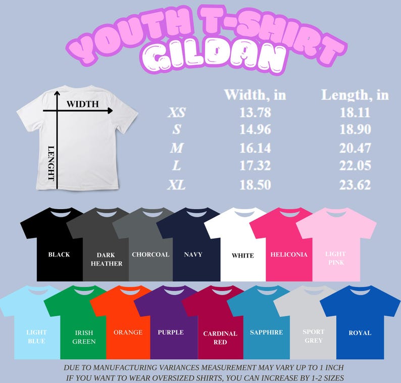 Puede incluir: Una tabla de tallas para camisetas juveniles Gildan que muestra un diagrama de camiseta blanca con etiquetas de ancho y largo. Una tabla enumera las tallas de XS a XL con medidas en pulgadas. Debajo hay filas de iconos de camisetas de colores.