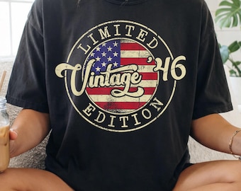 80th Birthday Vintage 1946 Shirt, Patriotic US Flag Graphic Tee for Men Women