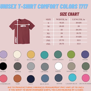 Op de afbeelding: Een bordeauxrode unisex T-shirt met een maattabel met breedte- en lengtematen in inches. De afbeelding toont ook een kleurenpalet met verschillende opties, waaronder zwart, wit en blauw.