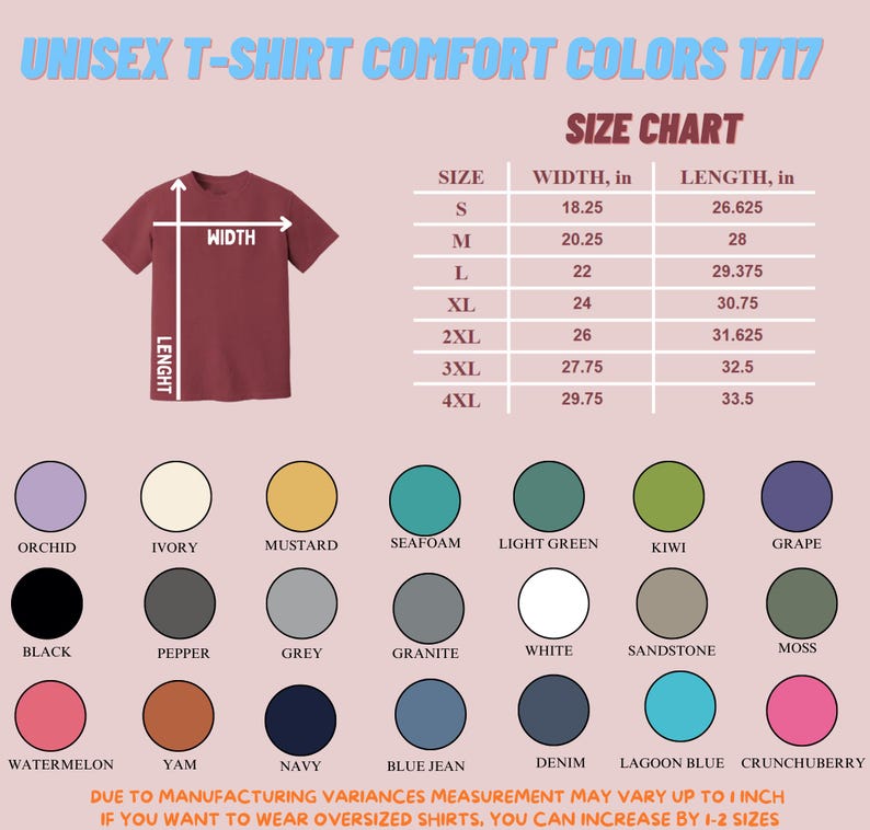 Op de afbeelding: Een bordeauxrode unisex T-shirt met een maattabel met breedte- en lengtematen in inches. De afbeelding toont ook een kleurenpalet met verschillende opties, waaronder zwart, wit en blauw.