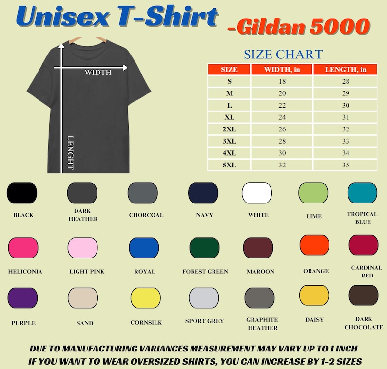 Puede incluir: Una tabla de tallas para camiseta unisex Gildan 5000 que muestra medidas de ancho y largo en pulgadas para tallas de S a 5XL. Debajo de la tabla, una paleta de veinti&uacute;n colores de tela disponibles incluye negro, blanco, lima y varios azules.