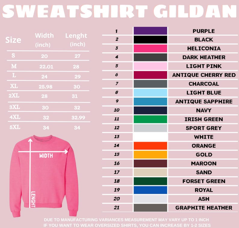 Puede incluir: Una tabla de tallas de sudadera Gildan con una ilustraci&oacute;n de una sudadera rosa e indicadores de ancho y largo. Una tabla enumera las tallas de la S a la 5XL con medidas en pulgadas. Una lista numerada muestra 21 opciones de color.
