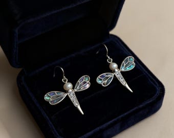 Pearl Dragonfly Silver Earrings, Luxury Jewelry, Unique Jewelry