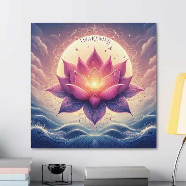 Lotus Flower Wall Art, Spiritual Awakening Canvas, Zen Mindfulness Painting, Enlightenment Artwork, Inner Peace Gift, Meditation Wall Decor