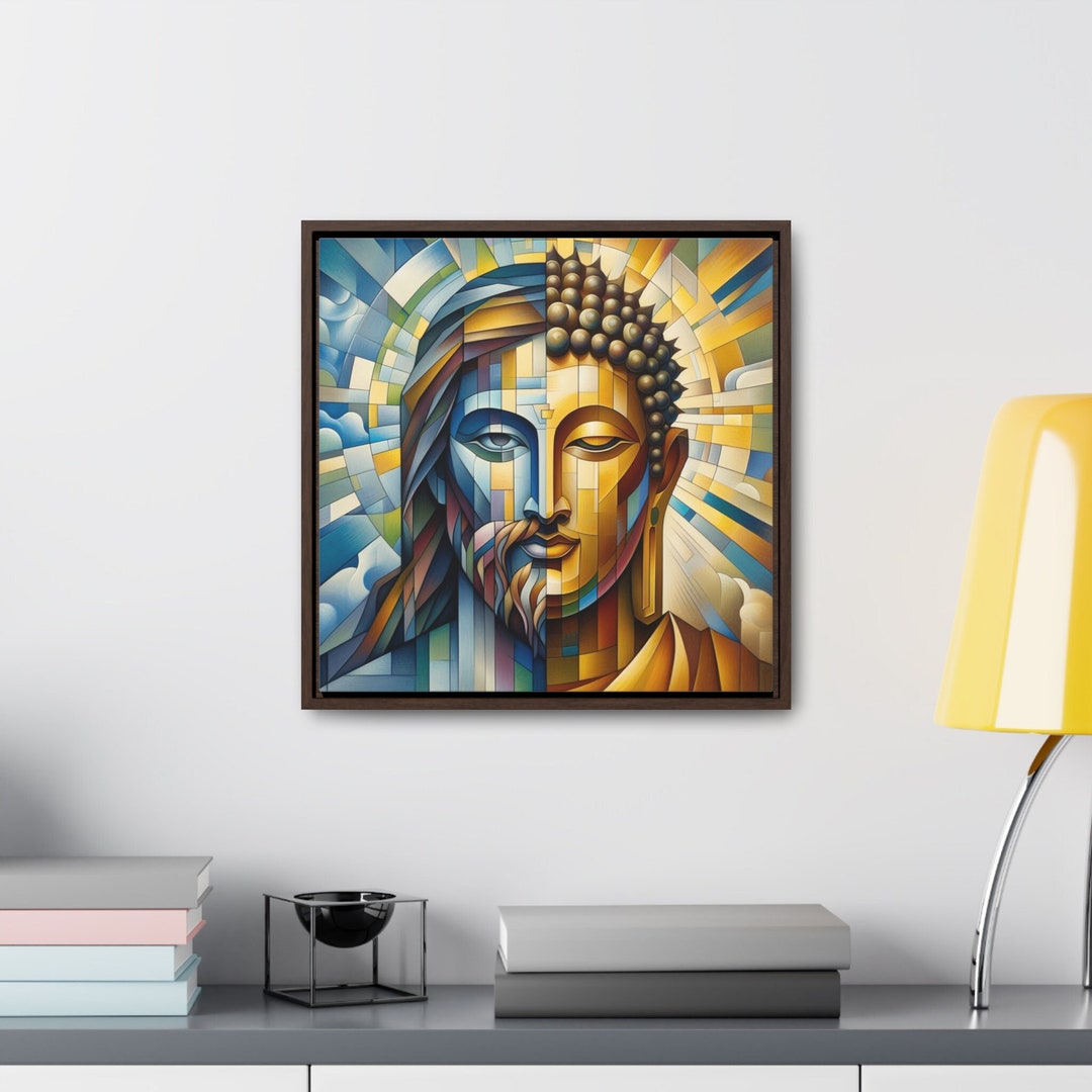Half Jesus Half Buddha Cubism Wall Art, Jesus Buddha Portrait Framed