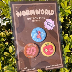 Worm World 32mm Button Pin Pack Set of 3 / Individuals, Worm-Themed Pins