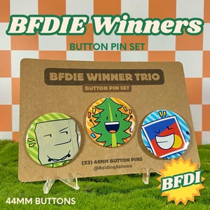 Könnte beinhalten: Ein Set aus drei 44-mm-Ansteckbuttons mit Zeichentrickfiguren auf einer braunen Präsentationskarte mit der Aufschrift BFDIE WINNER TRIO. Die Buttons zeigen eine hellgrüne quadratische Figur, einen grünen Baum mit Konfetti und eine rot-blau-weiße quadratische Figur.