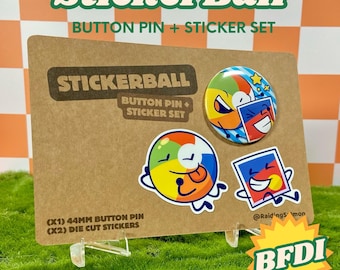 BFDIE StickerBall 44mm Button Pin and 2in + 1.75in Sticker Set (handmade!)