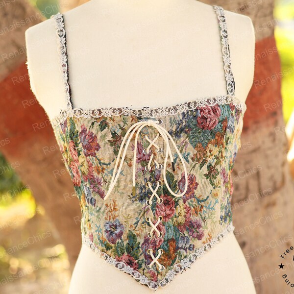 Fairy Floral Prom Dress Corset, Renaissance Fair Victorian Vintage Corset, Milkmaid Y2k Corset Top, Medieval Unique Retro Corset with Straps