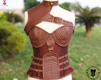 Medieval Steampunk Pirate Corset, Renaissance Vintage Overbust Corset Top, Knight Leather Shoulder Armor, Unique Lace up Prom Dress Corset