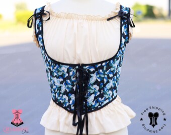 Milkmaid Renaissance Corset Top, Medieval Underbust Corset Belt, Ren Faire Floral Vintage Corset, Fairy Prom Dress Corset with Cross Straps