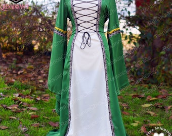 Medieval Renaissance Fantasy Dress, Ren Faire Empire Waist Dress, Vintage Witchy Goth Party Dress, Floor Length Bell Sleeve Medieval Costume