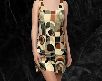 May include: A sleeveless dress with a geometric pattern in shades of brown, beige, and green. The pattern features circles, squares, and rectangles.