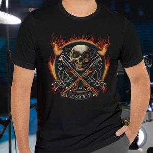 Skull & Drumsticks Rock Music T-shirt: Metalhead Concert Tee