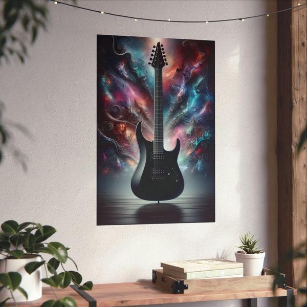 Black Guitar Matte Poster, Neon Aurora Electric Guitar Poster - Vibrant Décor for Music Lovers, Cool Guitar Poster, Sleek Stallion Gat