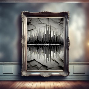May include: A black and white sound wave graphic is framed in a gold ornate frame. The graphic is printed on a crumpled piece of paper, giving it a vintage look.