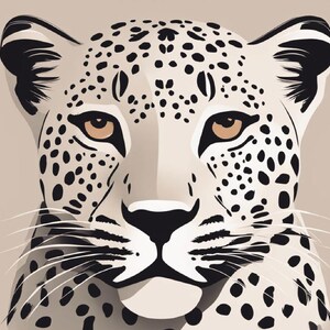 May include: A close-up illustration of a leopard's face. The leopard has a cream-colored coat with black spots. The eyes are a warm brown, and the background is a solid tan color. The image is a stylized, graphic representation of the animal.