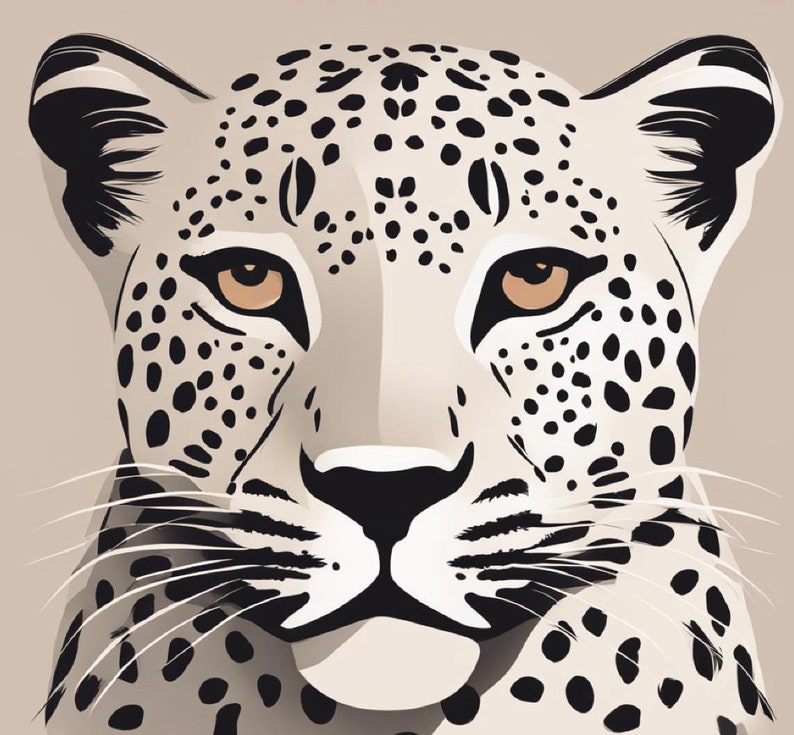 May include: A close-up illustration of a leopard's face. The leopard has a cream-colored coat with black spots. The eyes are a warm brown, and the background is a solid tan color. The image is a stylized, graphic representation of the animal.