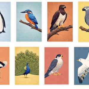 Puede incluir: Una colecci&oacute;n de ocho grabados art&iacute;sticos con diversas aves. Los grabados muestran un ping&uuml;ino, un mart&iacute;n pescador, un halc&oacute;n, un loro, un avestruz, un pavo real, un halc&oacute;n y una gaviota. Cada ave est&aacute; representada en una ilustraci&oacute;n detallada y colorida sobre un fondo de color s&oacute;lido.