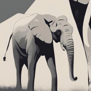 May include: A grayscale illustration of an elephant calf with a long trunk and large ears. The elephant is facing forward, with its body in profile. The background is a light beige color, with a darker shadow behind the elephant.