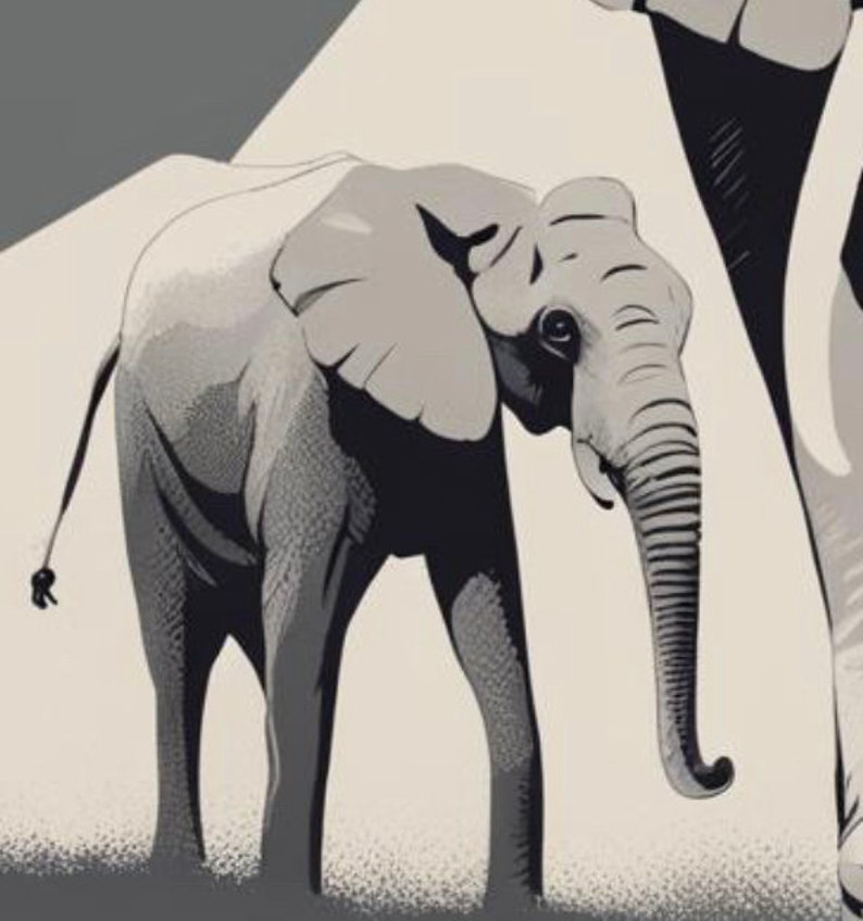 May include: A grayscale illustration of an elephant calf with a long trunk and large ears. The elephant is facing forward, with its body in profile. The background is a light beige color, with a darker shadow behind the elephant.