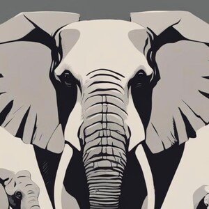 May include: A stylized illustration of an elephant in shades of gray and white. The elephant's face is centered, showcasing its large ears and trunk. The artwork has a minimalist, graphic design style, with a focus on form and shape.