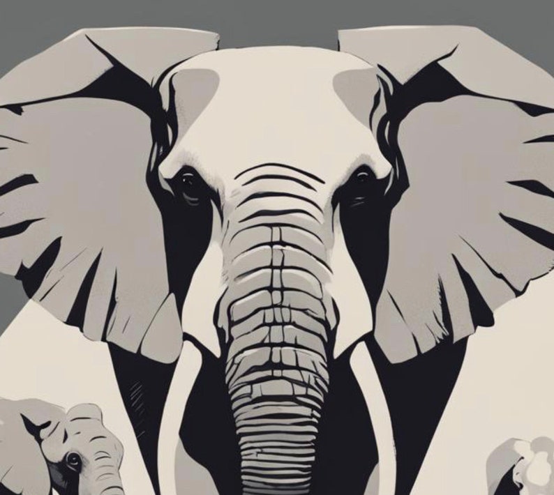 May include: A stylized illustration of an elephant in shades of gray and white. The elephant's face is centered, showcasing its large ears and trunk. The artwork has a minimalist, graphic design style, with a focus on form and shape.