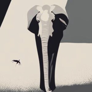 May include: A minimalist illustration of an elephant in shades of black, white, and gray. The elephant is depicted from the front, with its trunk and tusks clearly visible. A small, dark silhouette of a bird is in the background.