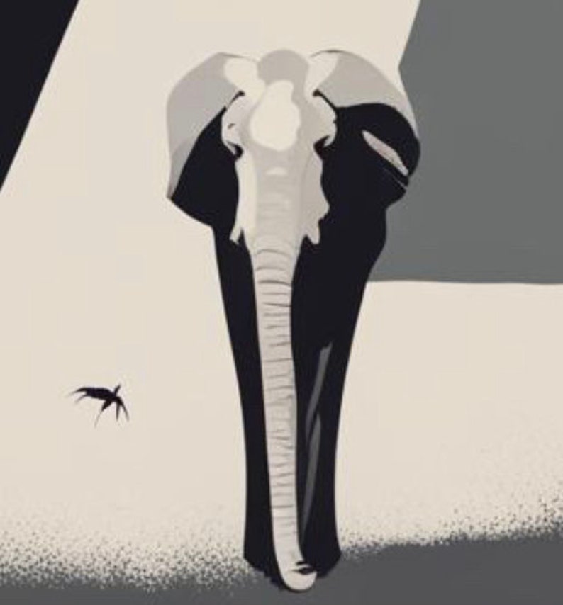 May include: A minimalist illustration of an elephant in shades of black, white, and gray. The elephant is depicted from the front, with its trunk and tusks clearly visible. A small, dark silhouette of a bird is in the background.